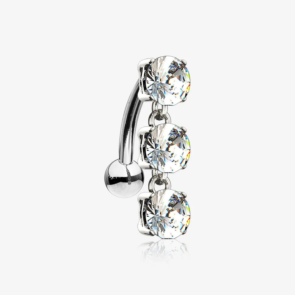 14 Karat White Gold Brilliant Triple Dangle Sparkle Top-Down Reverse Belly Button Ring
