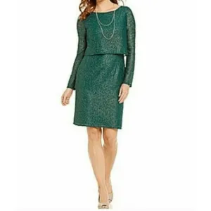 Alex Marie NWT Metallic Lace Sheath Blouson Green Dress, Size 14, MSRP $139