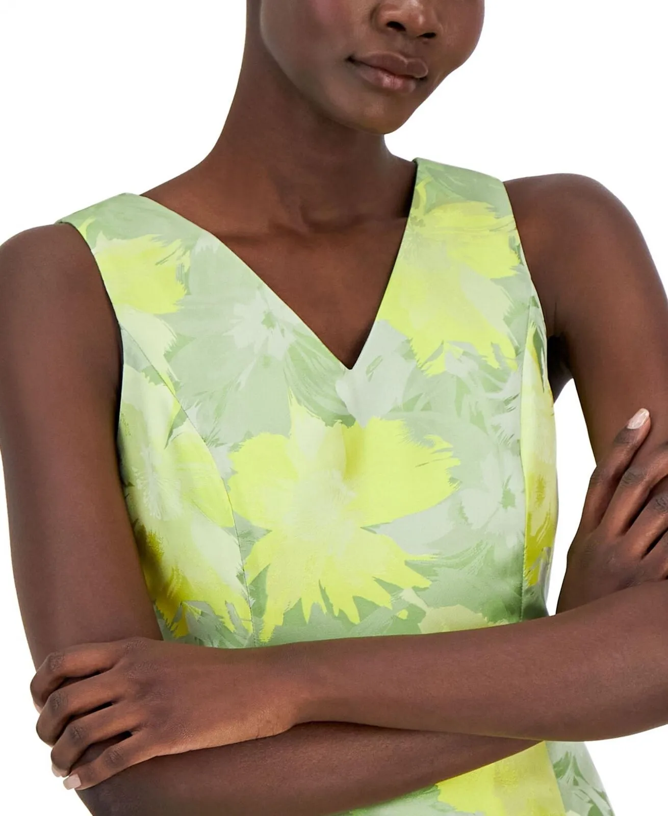 Anne Klein Women's Jacquard V-Neck Sheath Dress 10869721 Sprout Multi Yellow 2