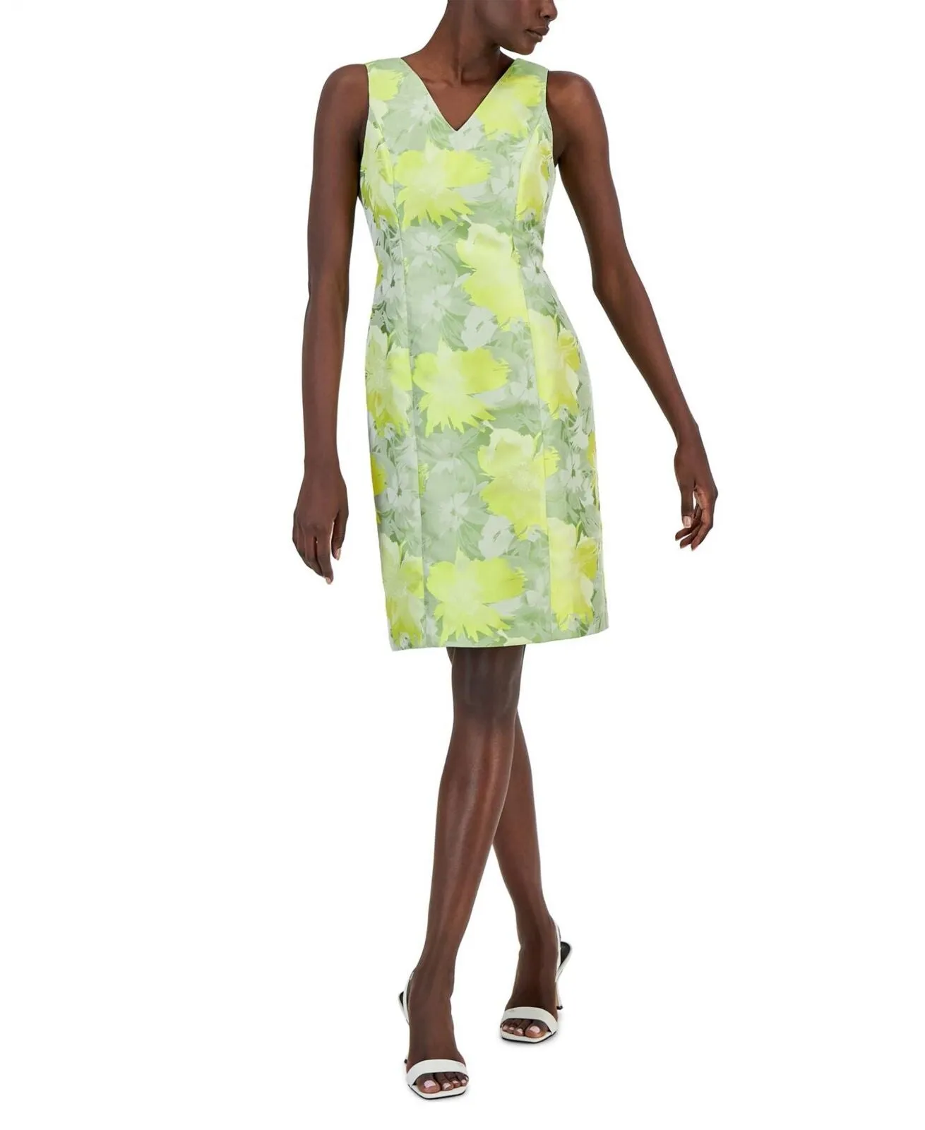 Anne Klein Women's Jacquard V-Neck Sheath Dress 10869721 Sprout Multi Yellow 2