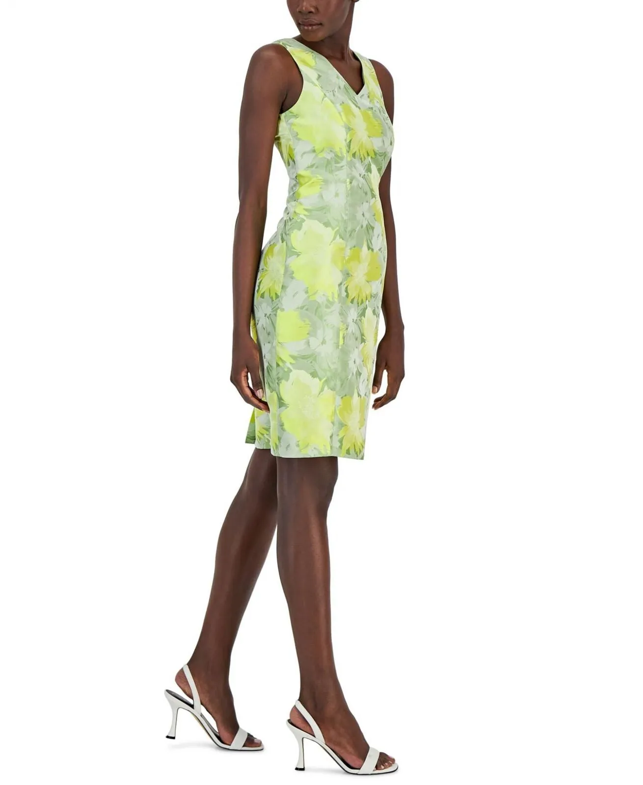 Anne Klein Women's Jacquard V-Neck Sheath Dress 10869721 Sprout Multi Yellow 2