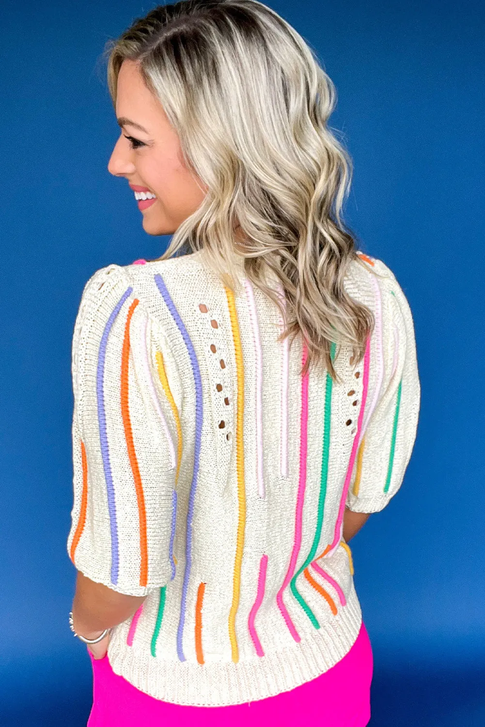 Beige Stripe Eyelet Detail Half Sleeve Knitted Top