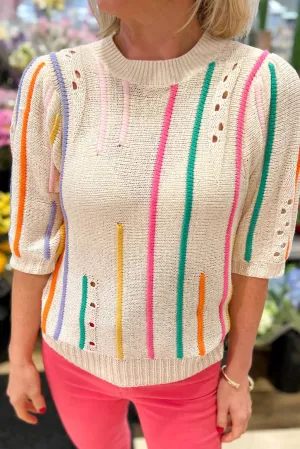 Beige Stripe Eyelet Detail Half Sleeve Knitted Top