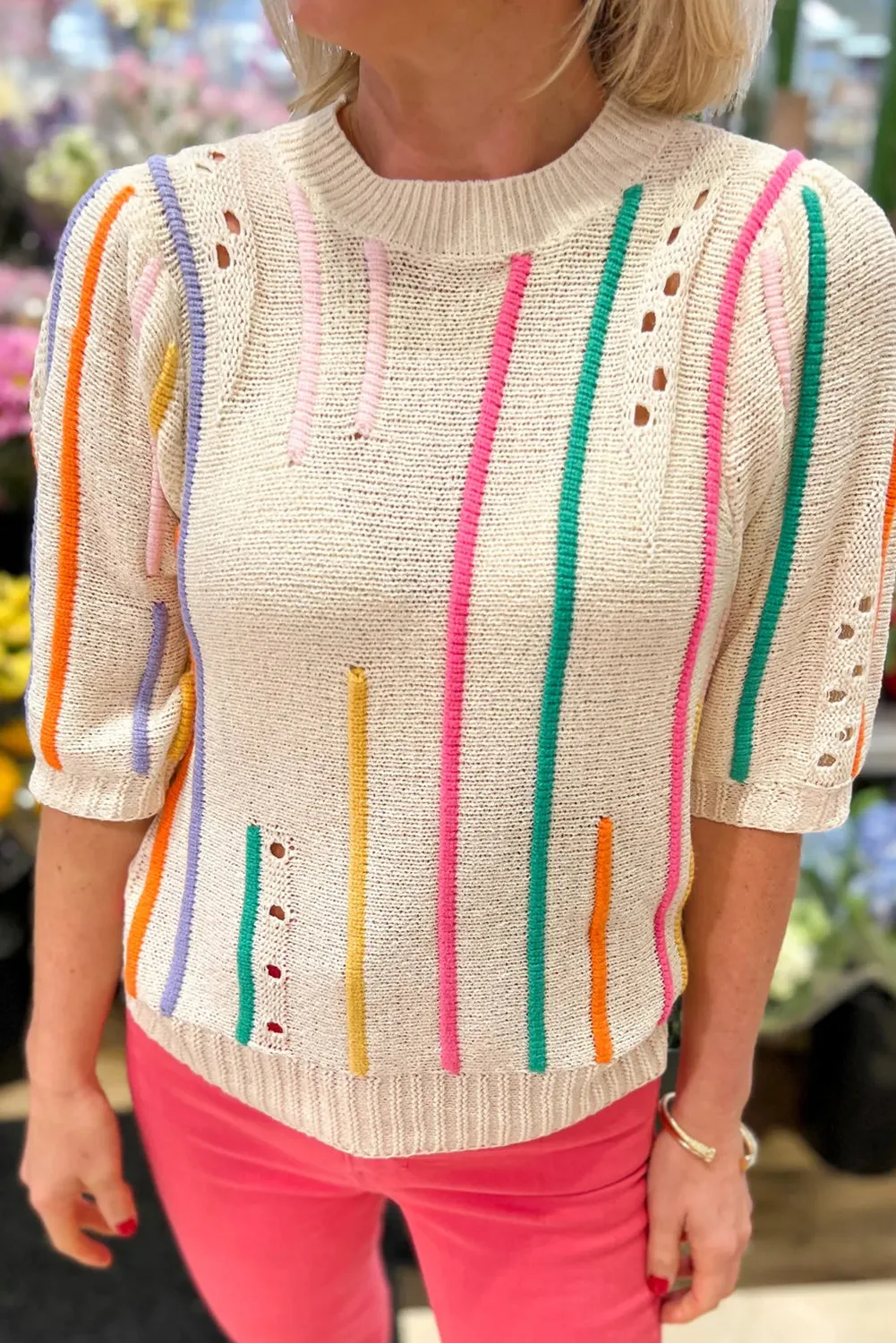 Beige Stripe Eyelet Detail Half Sleeve Knitted Top
