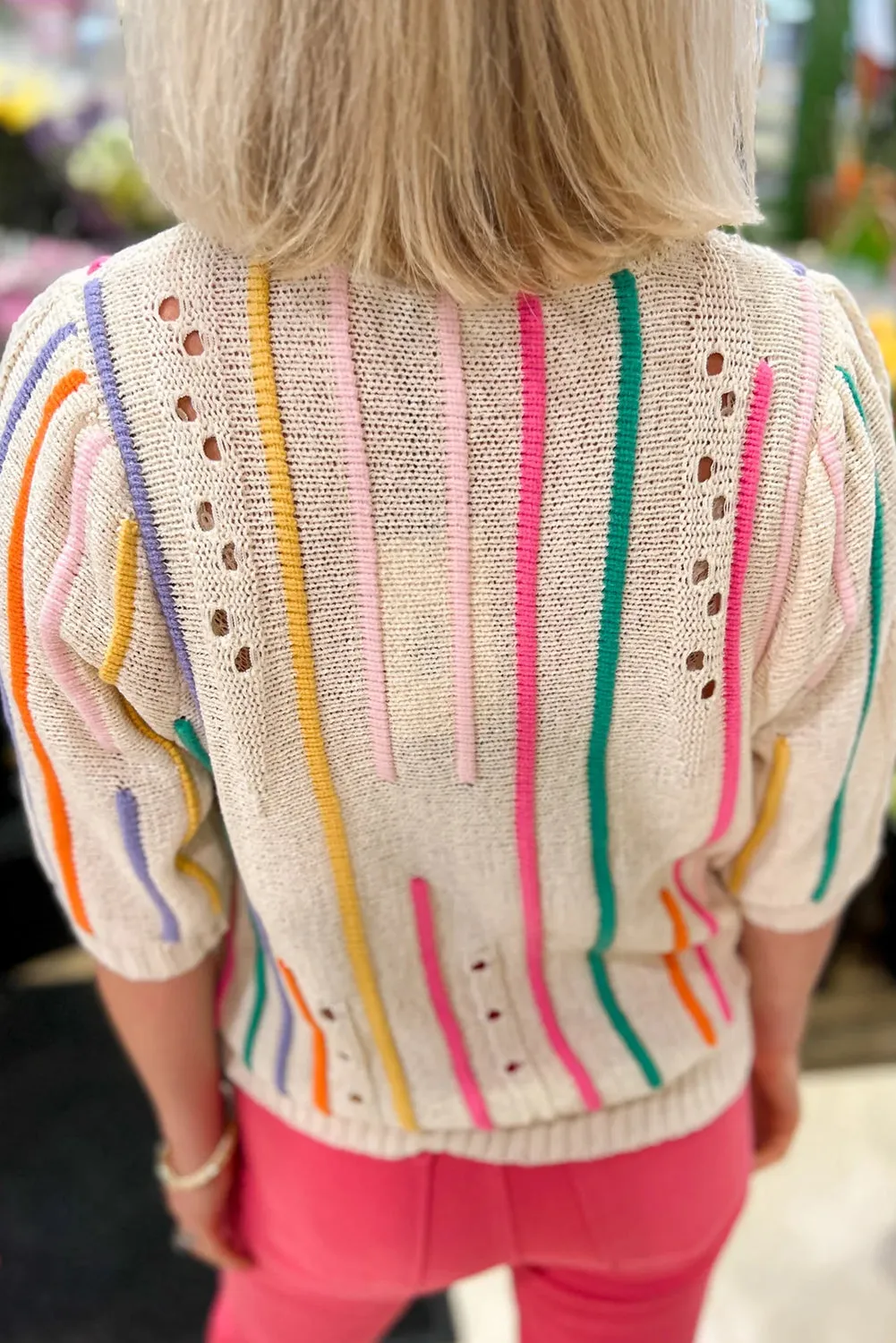 Beige Stripe Eyelet Detail Half Sleeve Knitted Top