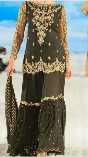 Beutifull wedding party gharara set in black golden color Model # P 914