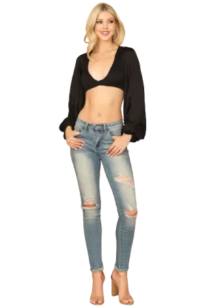 Black Bralette Shirred Front Long Puff Sleeve Satiny Top - Pack of 5