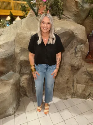 Black Collared Short Sleeve Button Down Top