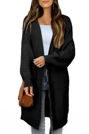 Black Contrast Knit Puff Sleeve Open Front Long Cardigan