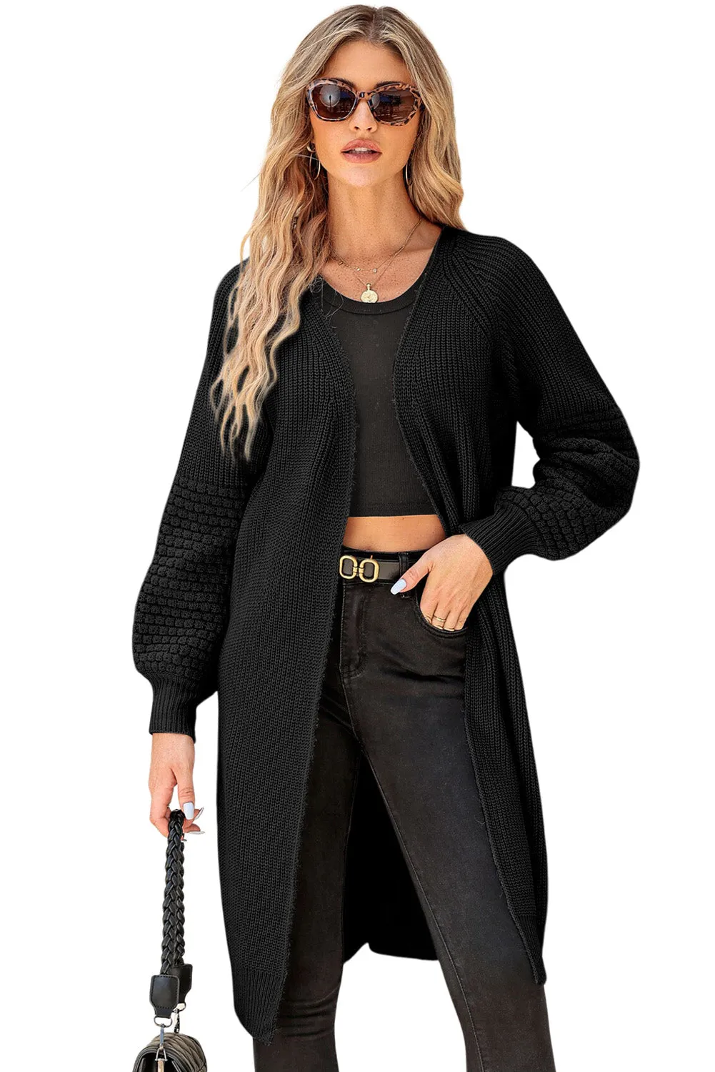 Black Contrast Knit Puff Sleeve Open Front Long Cardigan