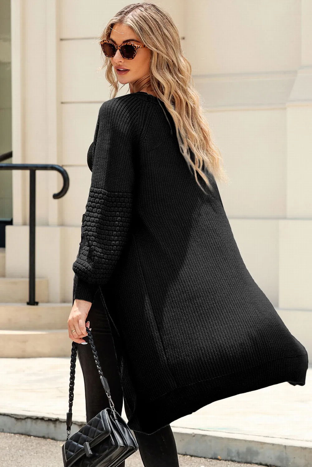 Black Contrast Knit Puff Sleeve Open Front Long Cardigan
