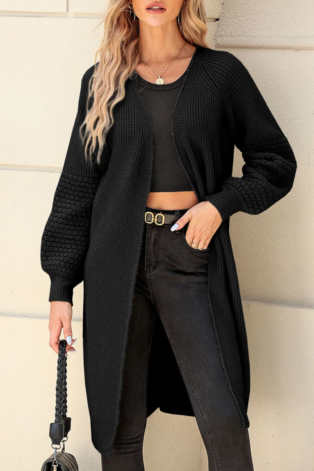 Black Contrast Knit Puff Sleeve Open Front Long Cardigan