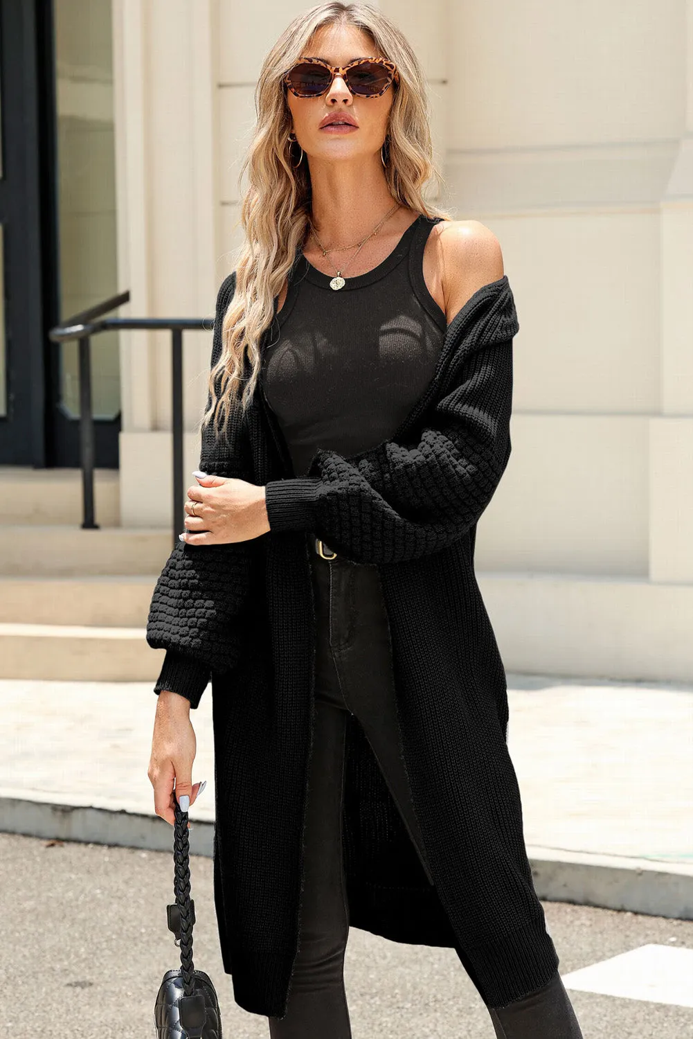 Black Contrast Knit Puff Sleeve Open Front Long Cardigan