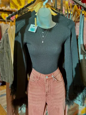 Black Feather Sleeve Top