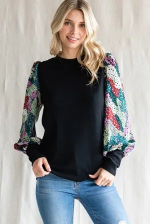 Black Mixed Print Sleeve Pullover