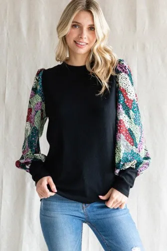 Black Mixed Print Sleeve Pullover