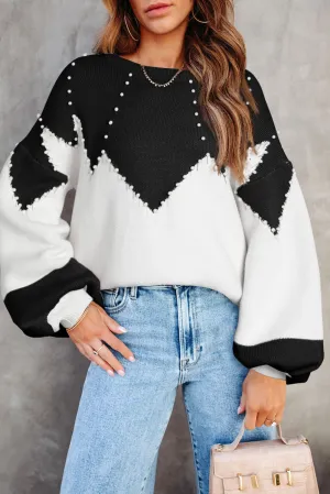 Black Pearl Decor Color Block Knitted Puff Sleeve Sweater