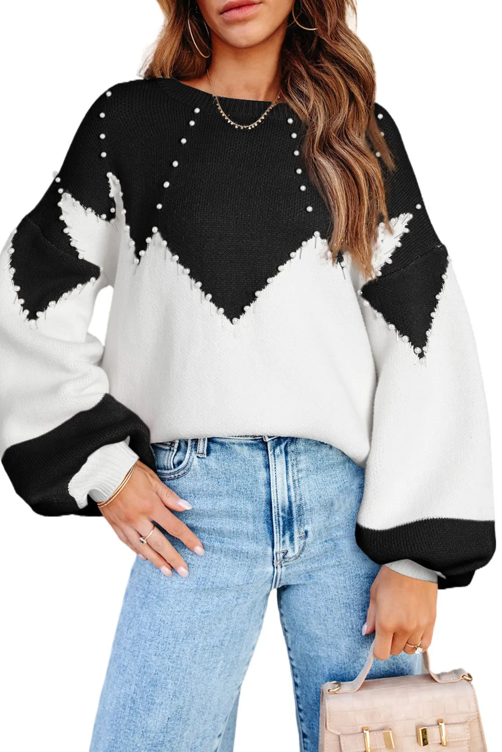 Black Pearl Decor Color Block Knitted Puff Sleeve Sweater
