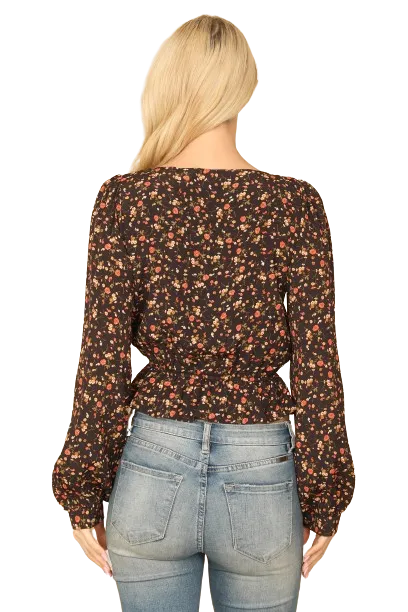 Black Rust Puff Sleeve Elastic Ruffle Waist Floral Crop Top - Pack of 5
