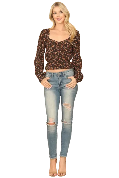 Black Rust Puff Sleeve Elastic Ruffle Waist Floral Crop Top - Pack of 5