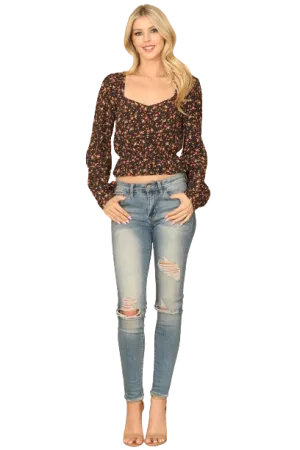 Black Rust Puff Sleeve Elastic Ruffle Waist Floral Crop Top - Pack of 5