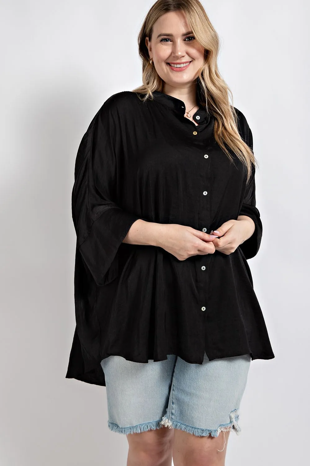 Black Washed Satin Button Down Blouse
