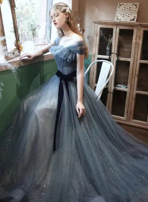Blue Off Shoulder Tulle Long Evening Dress, A-line Tulle Party Dresses