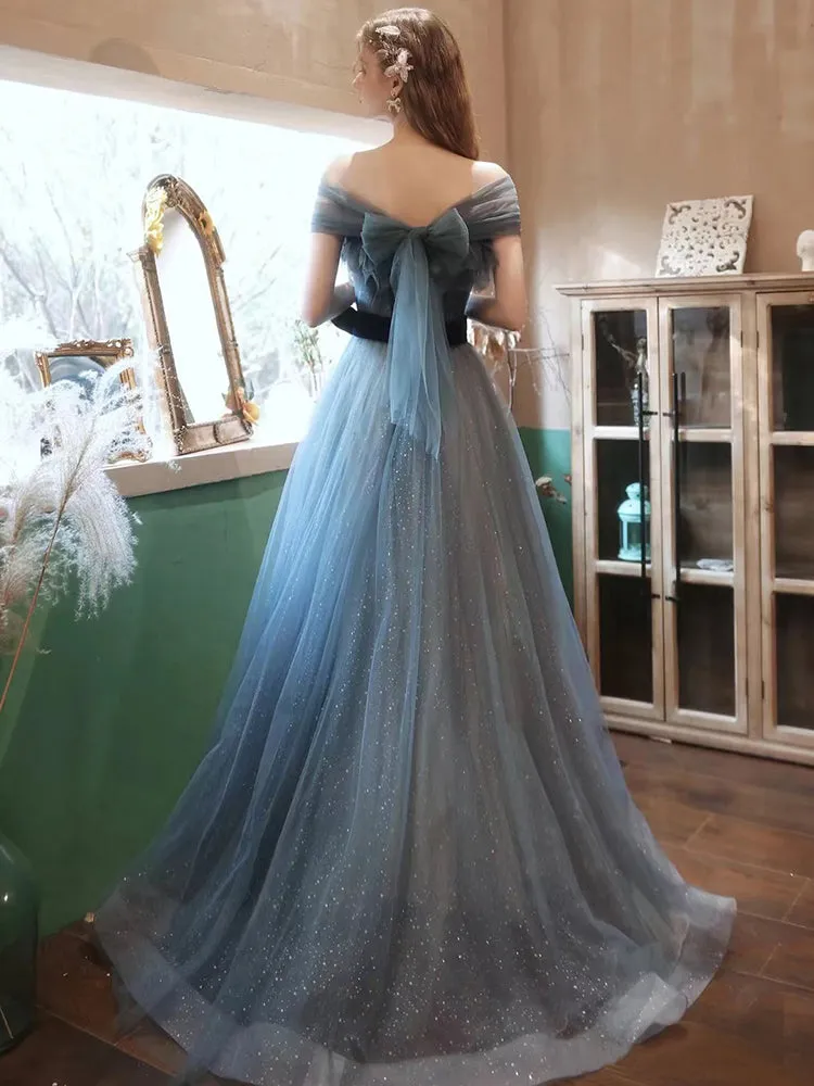 Blue Off Shoulder Tulle Long Evening Dress, A-line Tulle Party Dresses