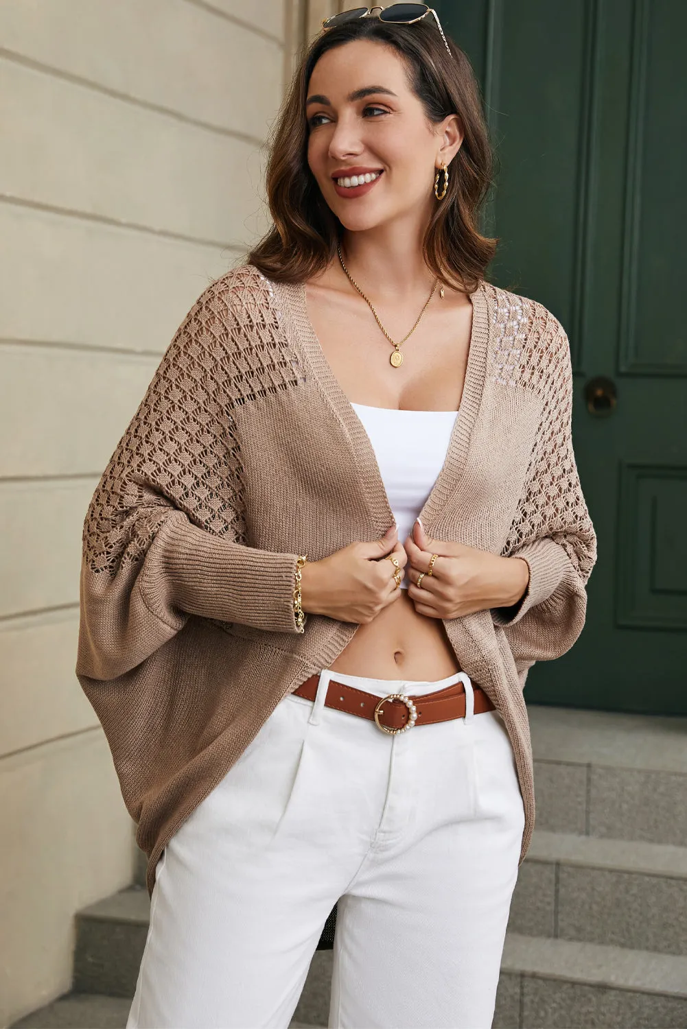 Brown Hollowed Contrast Sleeve Open Fron Cardigan