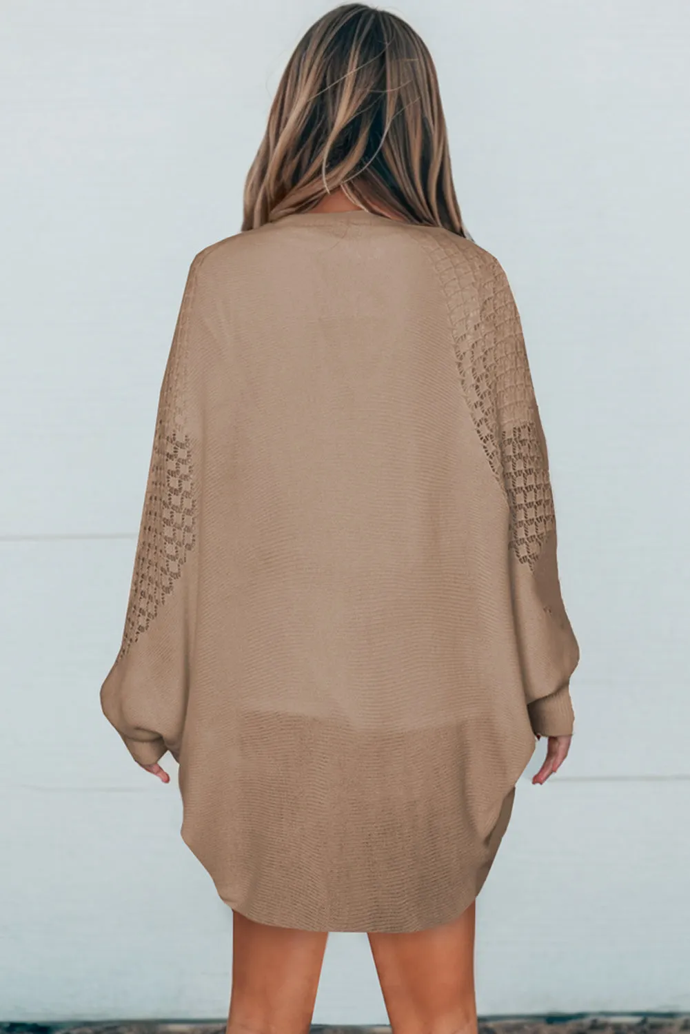 Brown Hollowed Contrast Sleeve Open Fron Cardigan