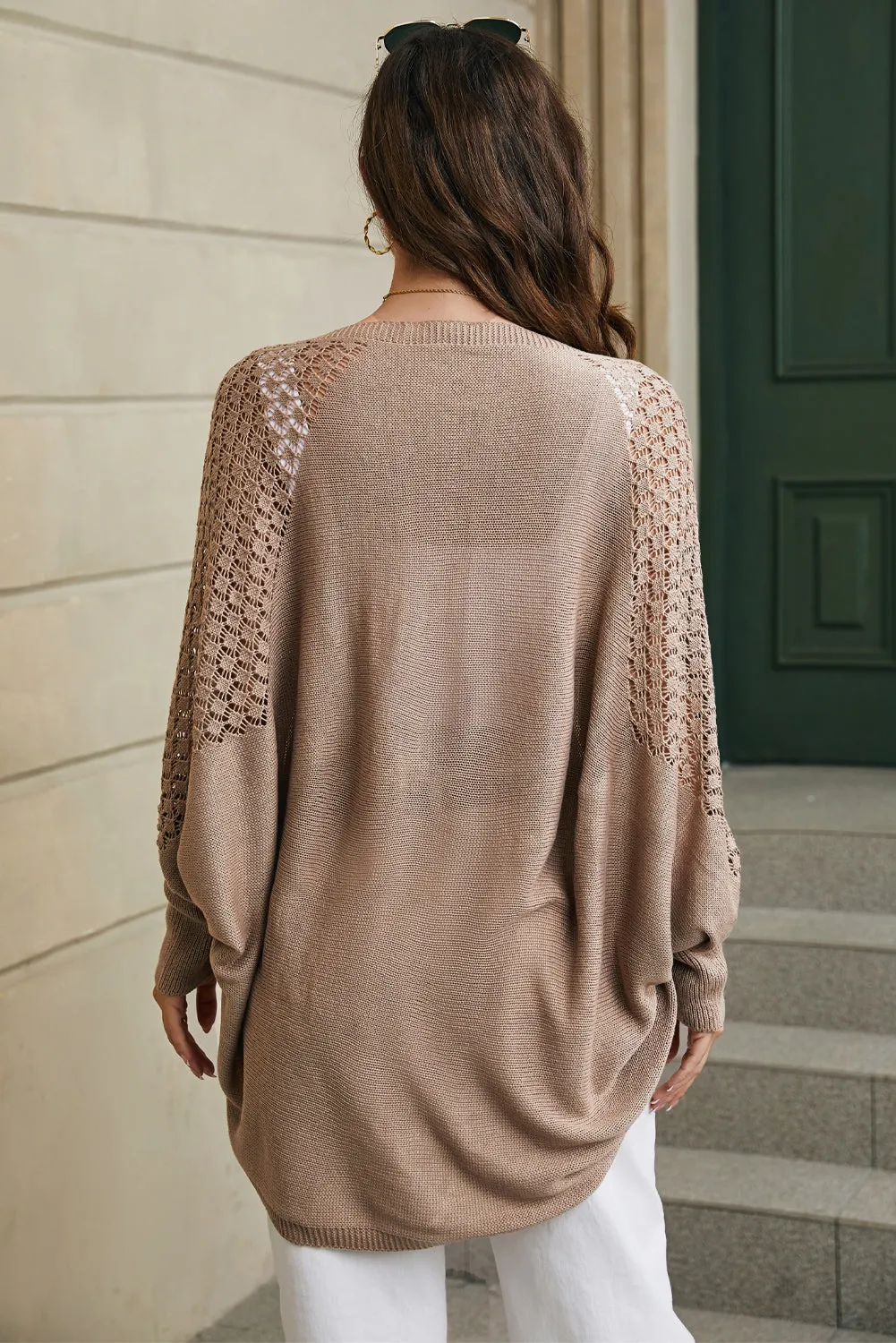 Brown Hollowed Contrast Sleeve Open Fron Cardigan