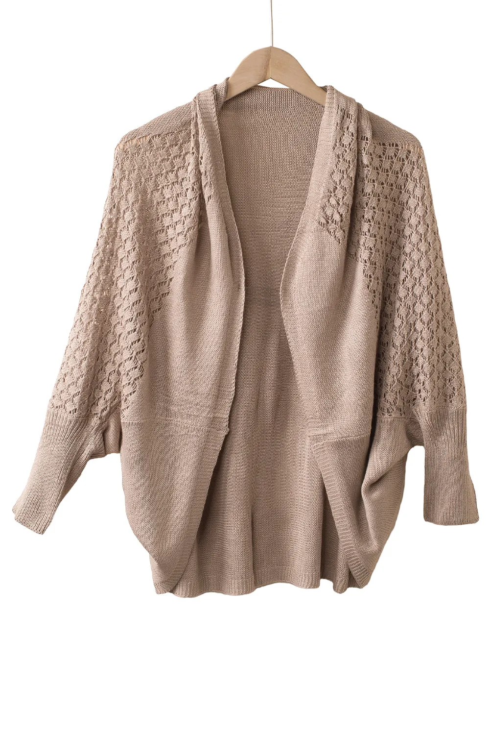 Brown Hollowed Contrast Sleeve Open Fron Cardigan