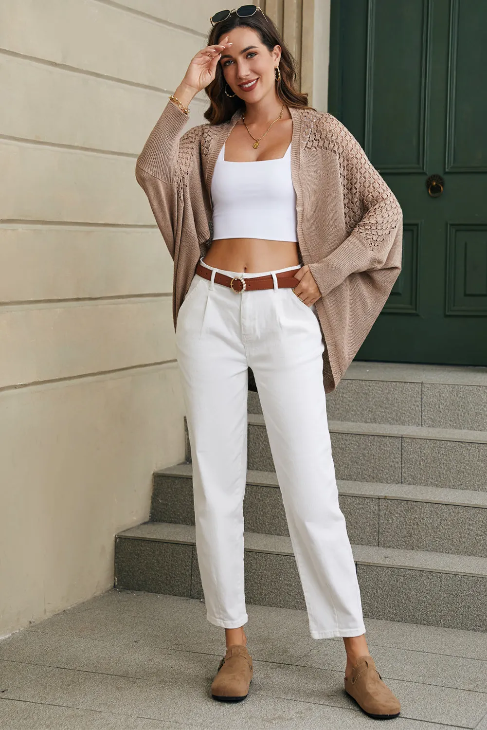 Brown Hollowed Contrast Sleeve Open Fron Cardigan