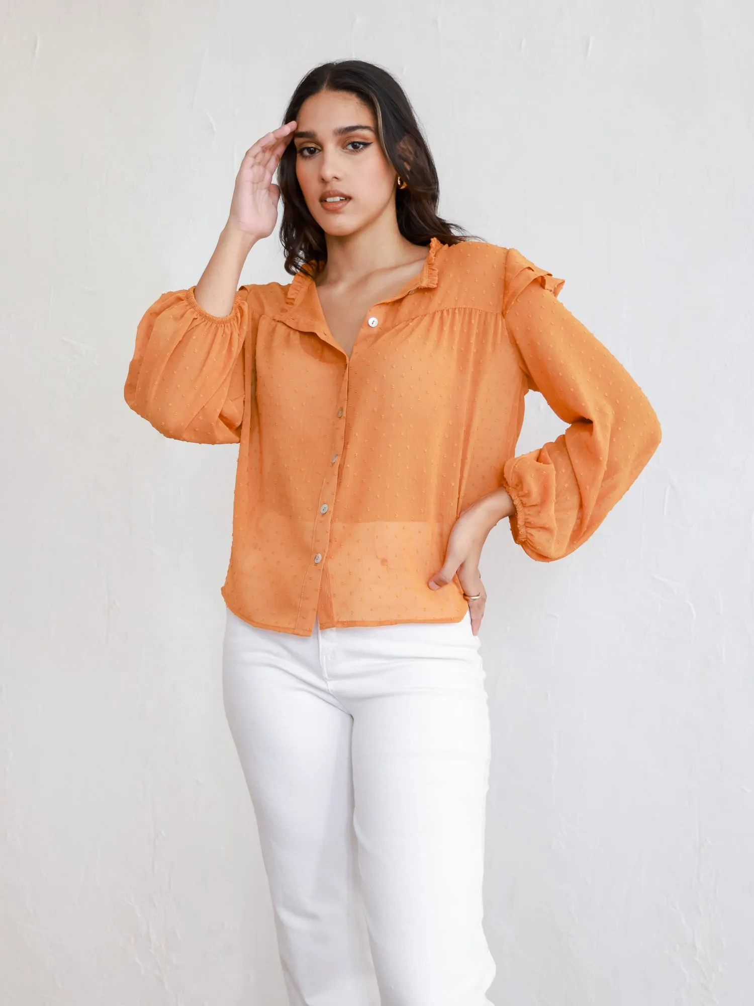 Button Down Balloon Sleeve Top