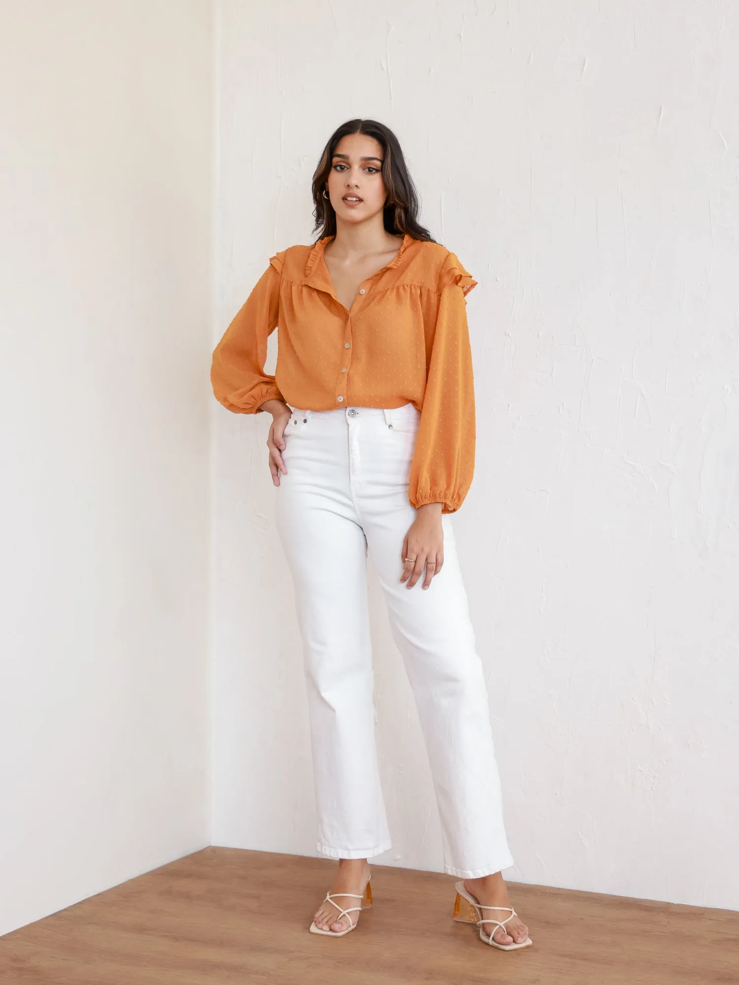 Button Down Balloon Sleeve Top