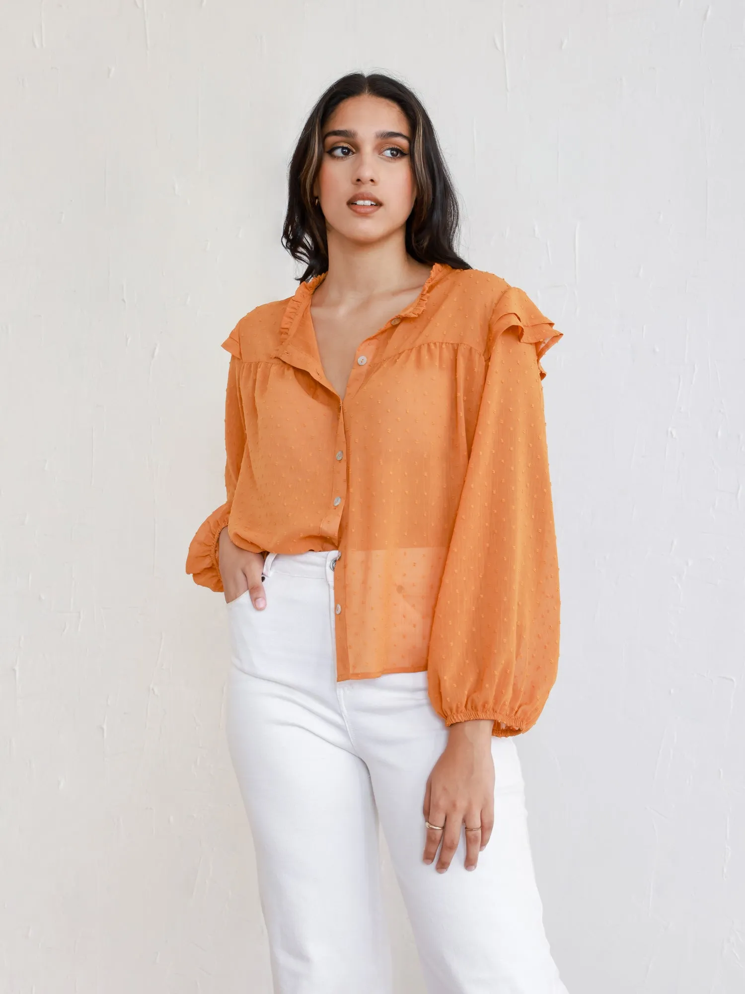 Button Down Balloon Sleeve Top