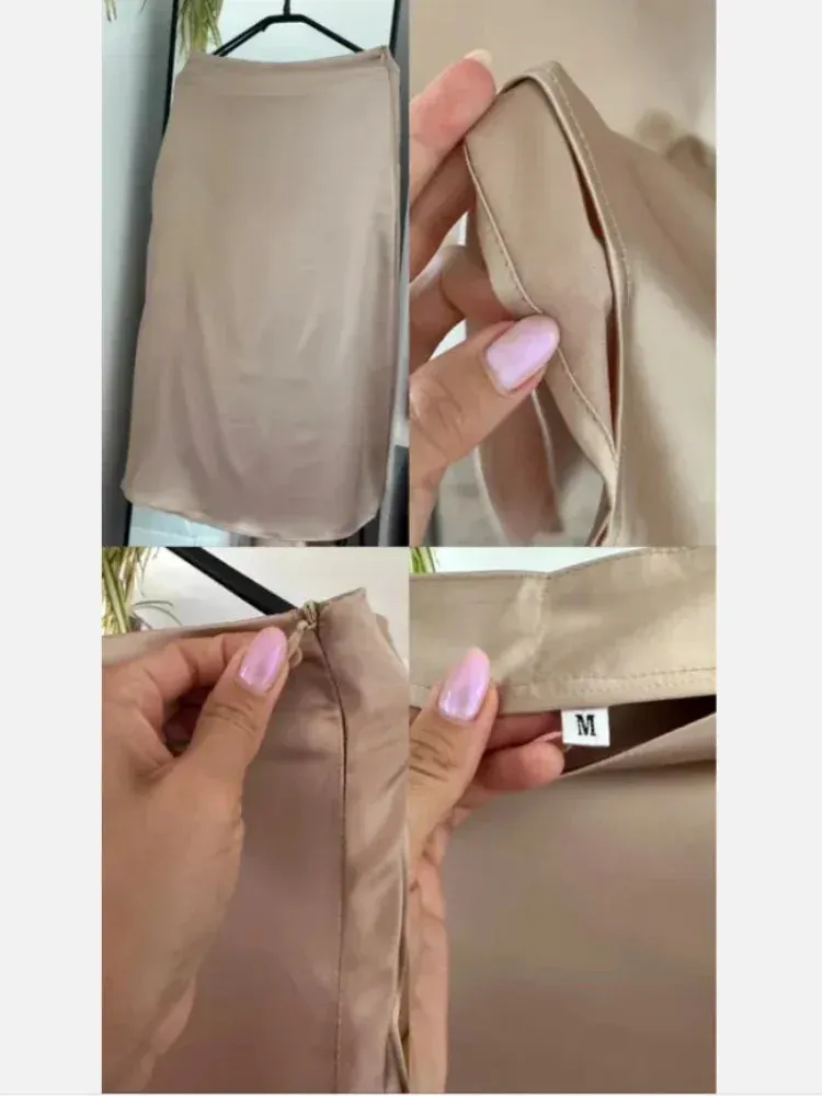 Champagne Office High Waist A-line Skirt Korean Style Silk Satin Skirts for Women Fashion Elegant Solid Long Pencil Skirt 2025