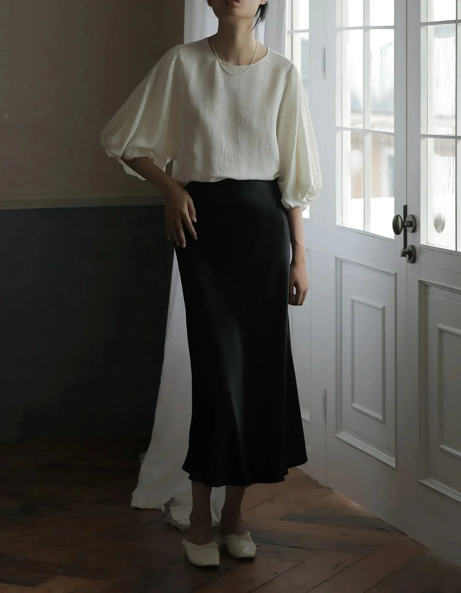 Champagne Office High Waist A-line Skirt Korean Style Silk Satin Skirts for Women Fashion Elegant Solid Long Pencil Skirt 2025
