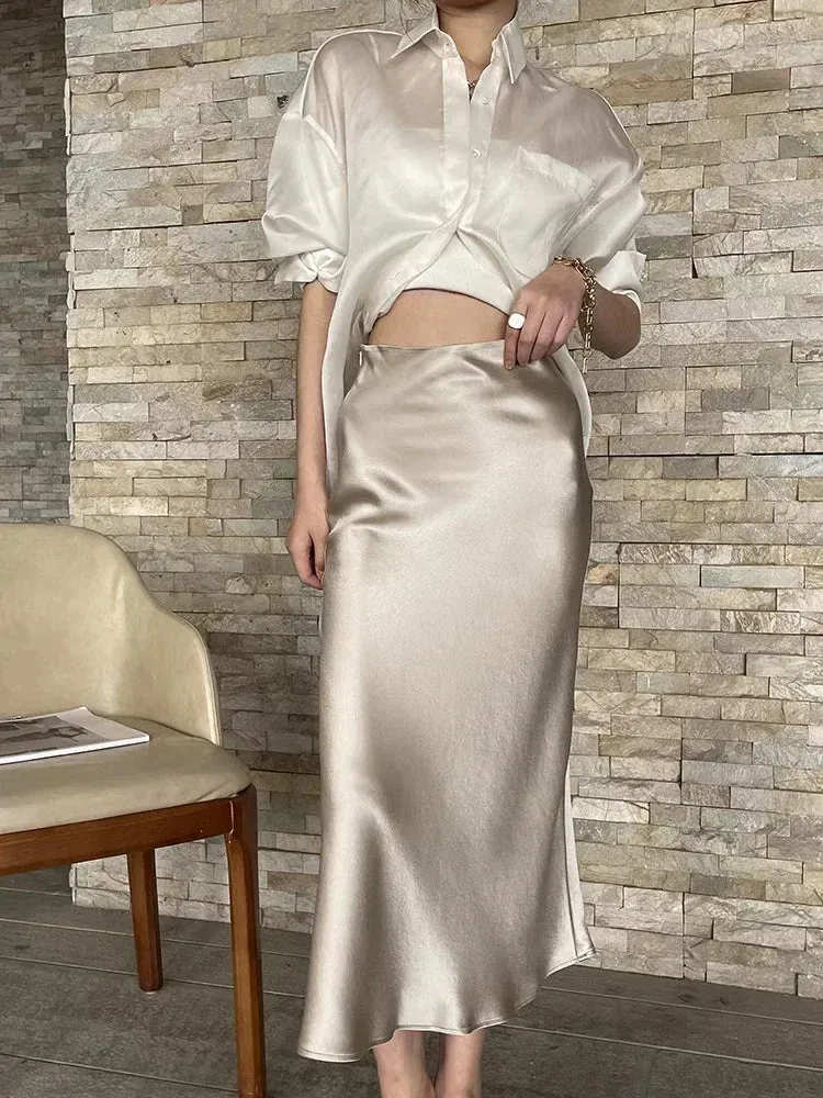 Champagne Office High Waist A-line Skirt Korean Style Silk Satin Skirts for Women Fashion Elegant Solid Long Pencil Skirt 2025