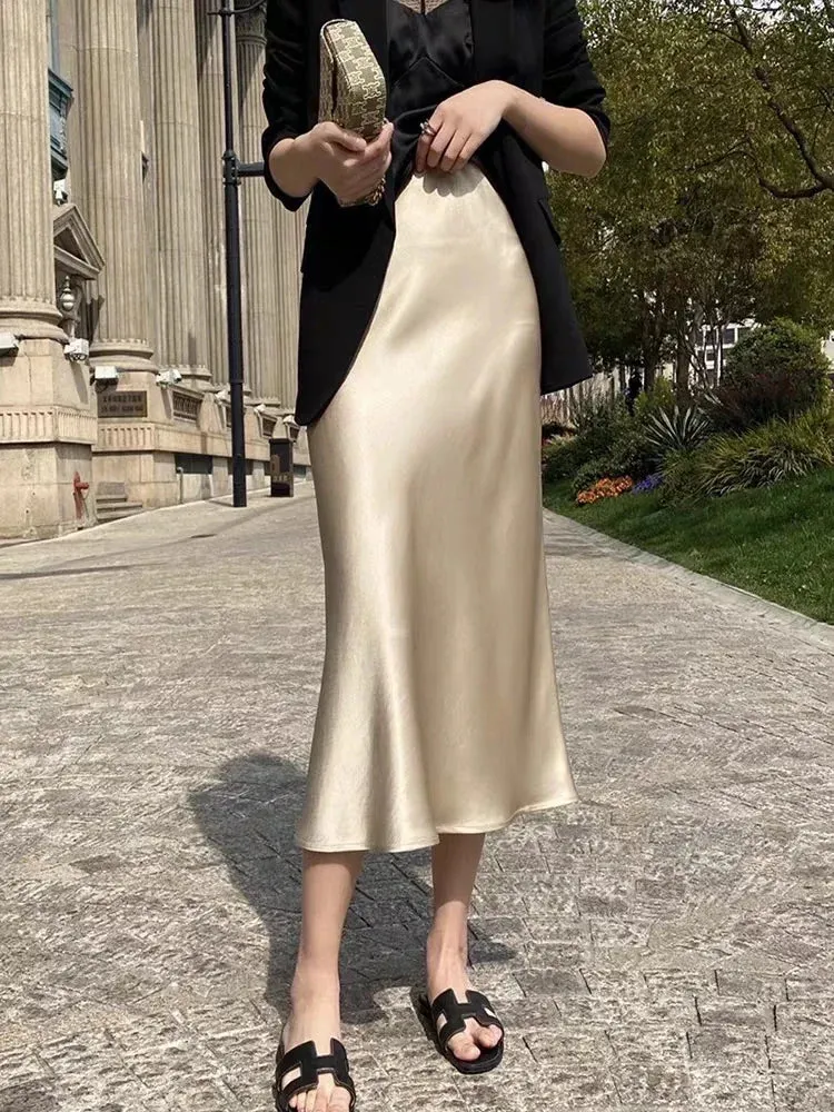 Champagne Office High Waist A-line Skirt Korean Style Silk Satin Skirts for Women Fashion Elegant Solid Long Pencil Skirt 2025