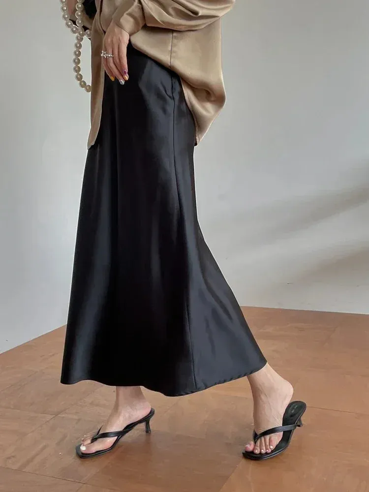 Champagne Office High Waist A-line Skirt Korean Style Silk Satin Skirts for Women Fashion Elegant Solid Long Pencil Skirt 2025