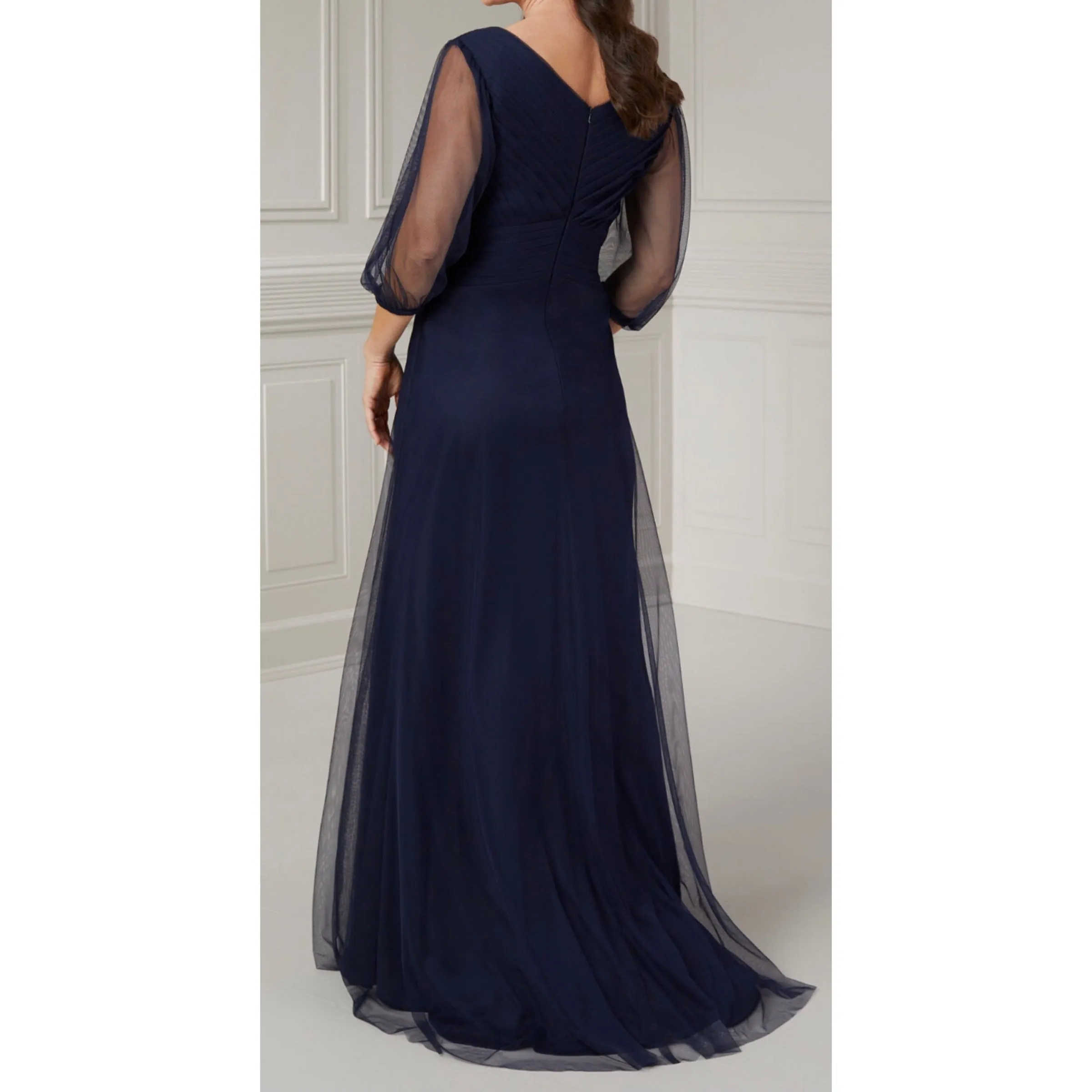 CHRISTINA WU Style 17125 Pleated Deep V-Neck Gown Navy Size 10 NWT