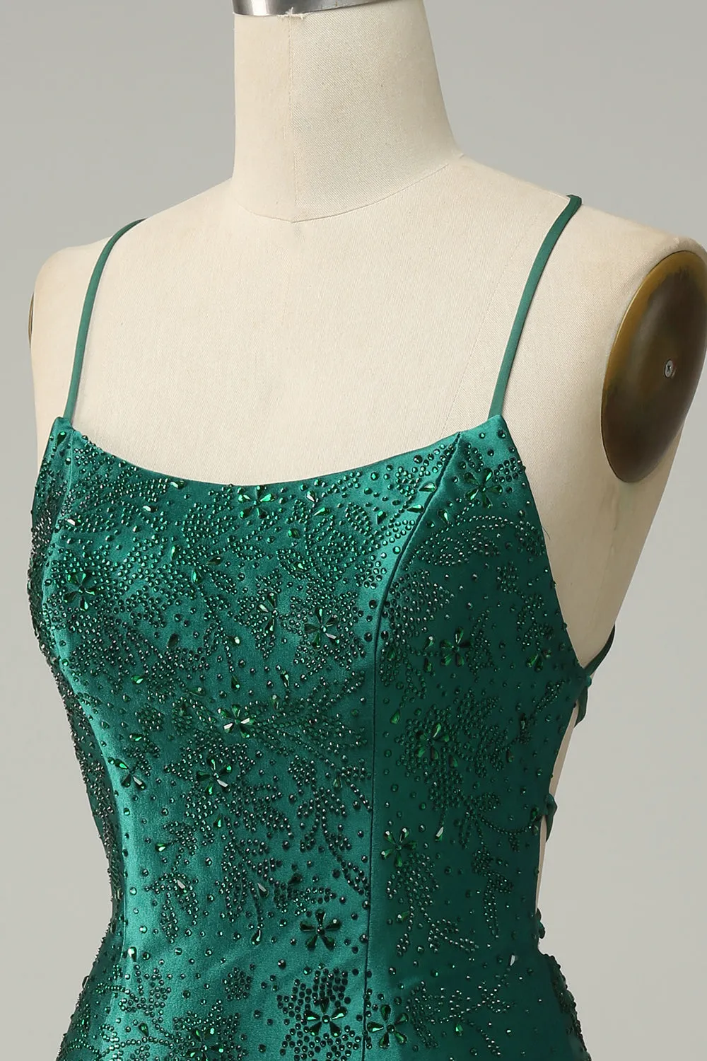 Dark Green Beaded Tight Homecoming Dress With Criss Cross Back