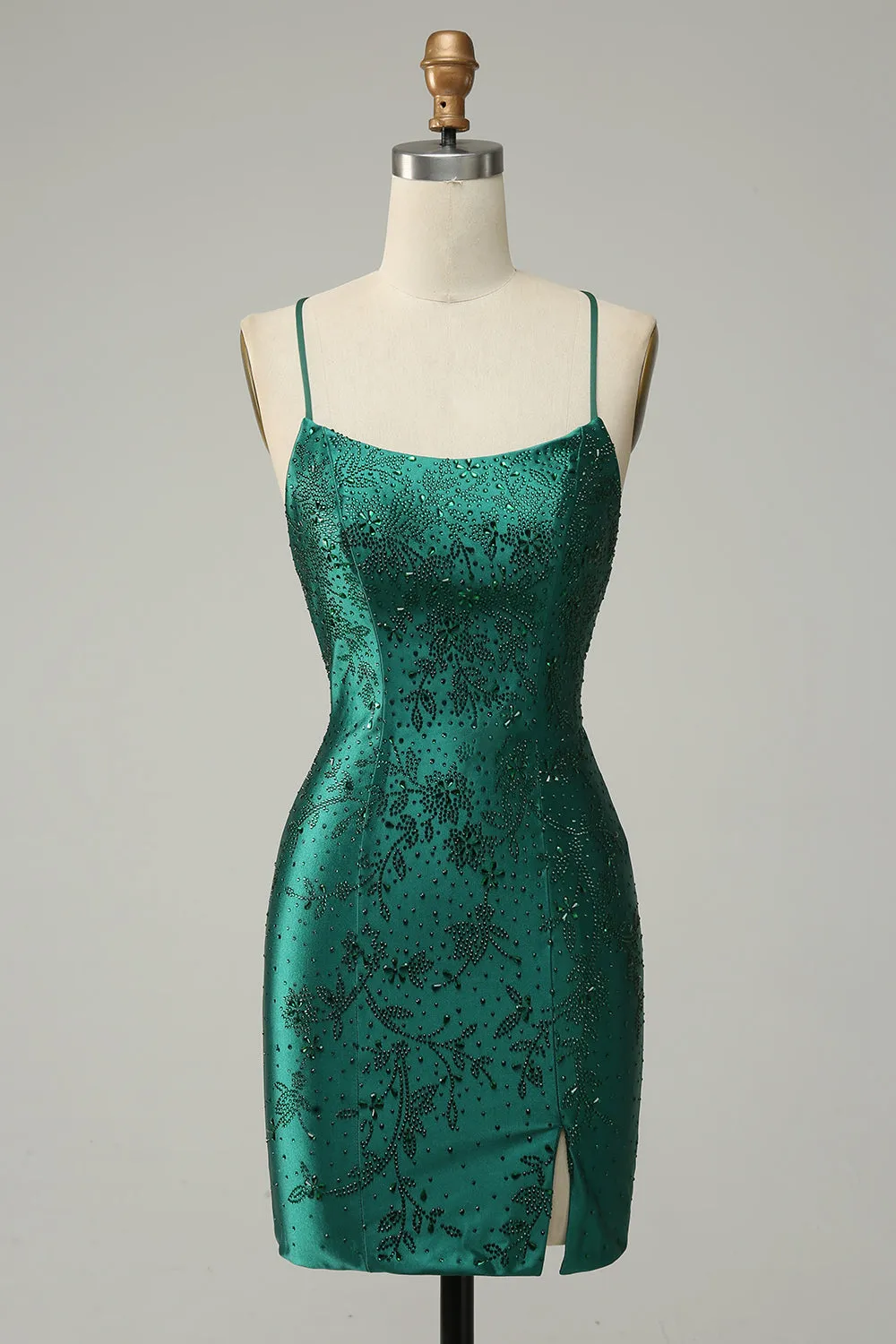Dark Green Beaded Tight Homecoming Dress With Criss Cross Back