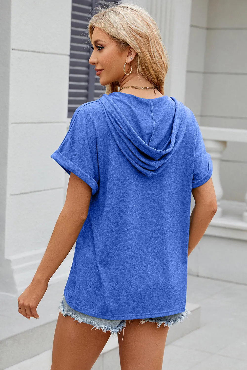 Diane Half Button Drawstring Short Sleeve Hooded T-Shirt