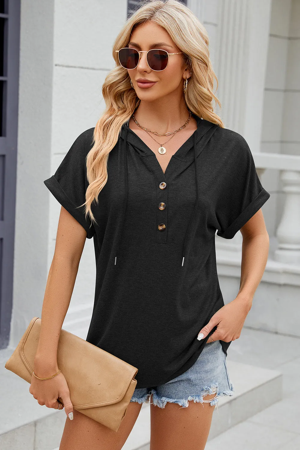Diane Half Button Drawstring Short Sleeve Hooded T-Shirt