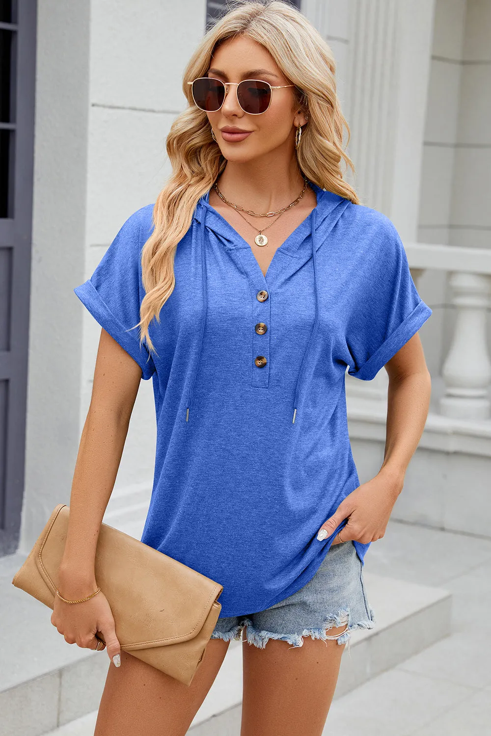 Diane Half Button Drawstring Short Sleeve Hooded T-Shirt