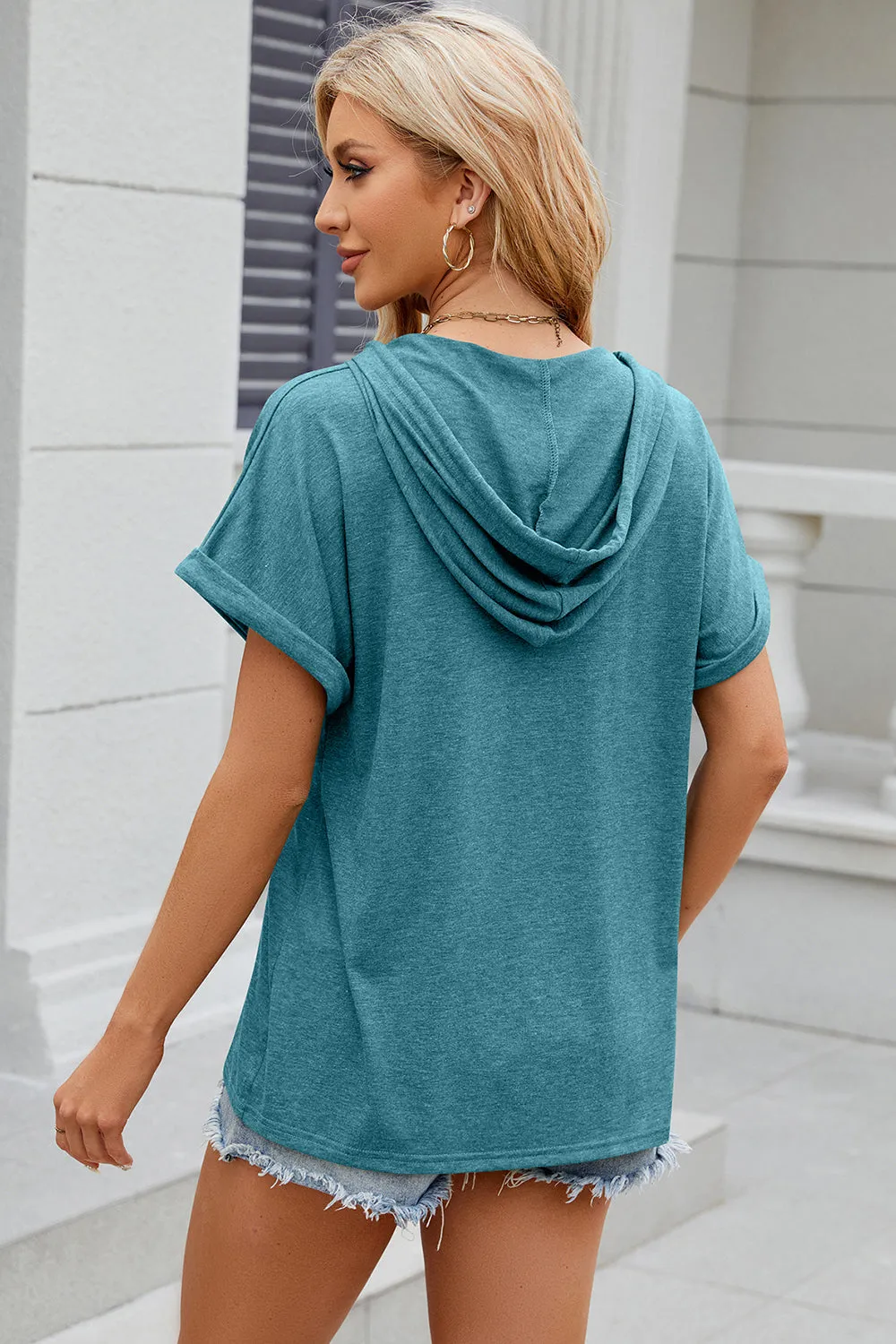 Diane Half Button Drawstring Short Sleeve Hooded T-Shirt
