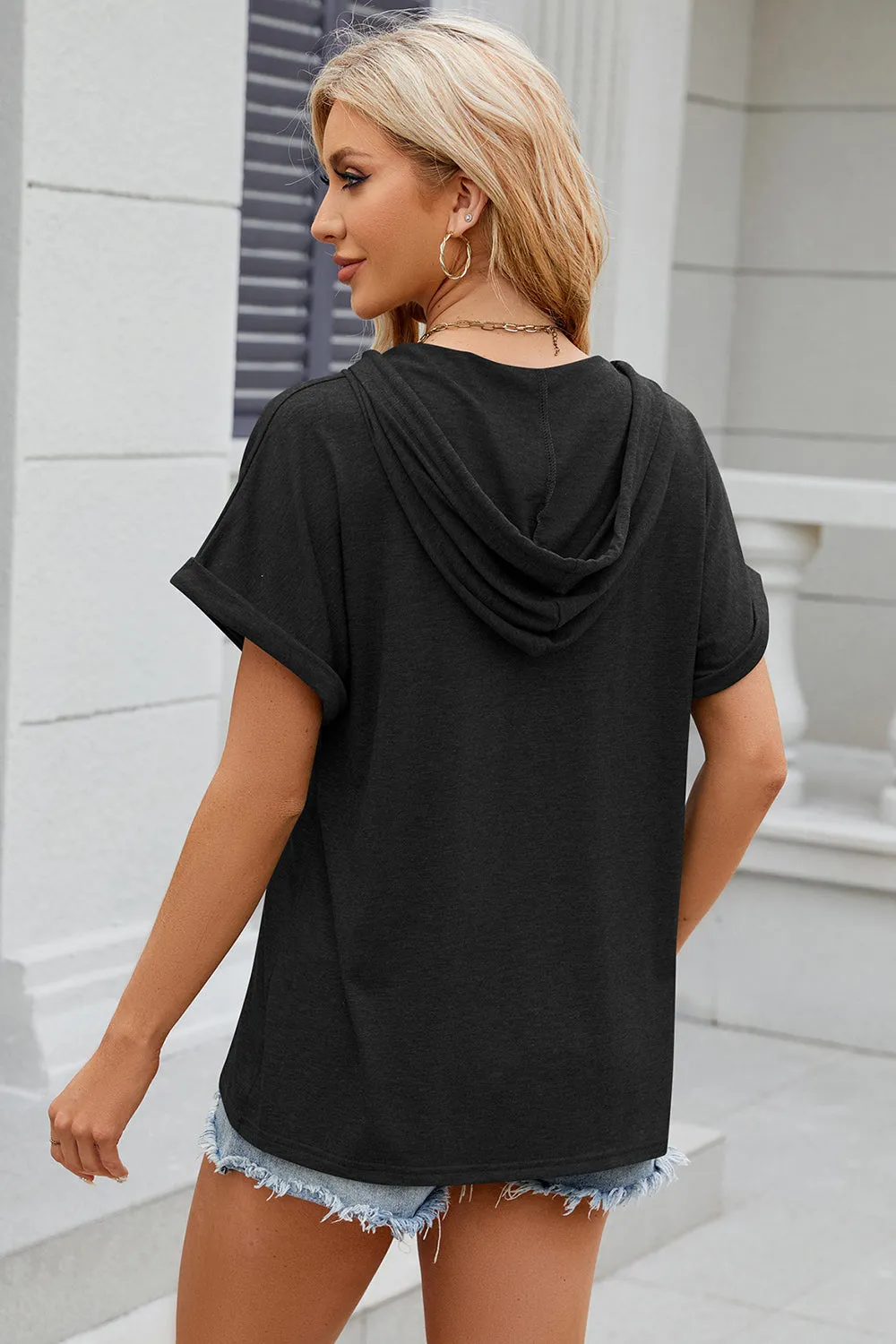 Diane Half Button Drawstring Short Sleeve Hooded T-Shirt