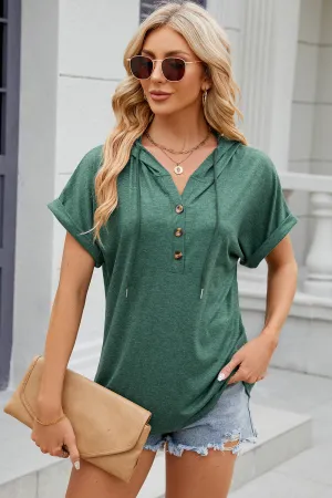 Diane Half Button Drawstring Short Sleeve Hooded T-Shirt
